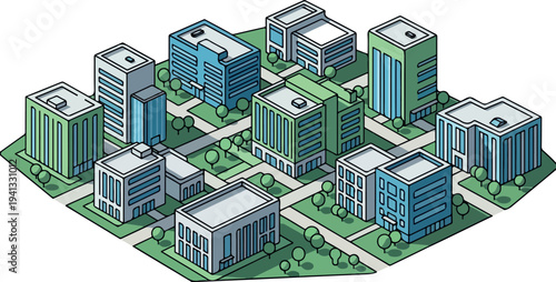 Isometric cityscape vector illustration with modern office buildings and green spaces