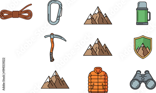 Mountain hiking and camping vector icon set, climbing equipment rope carabiner jacket binoculars illustration collection symbols