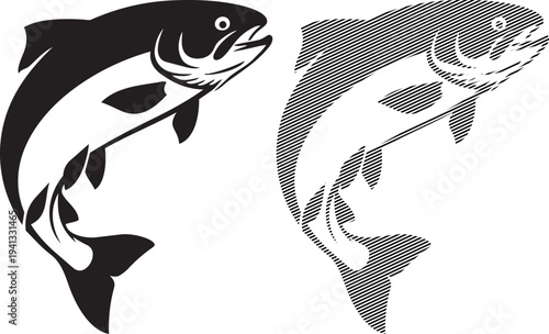 Two distinct illustrations of a trout fish in black and white patterns