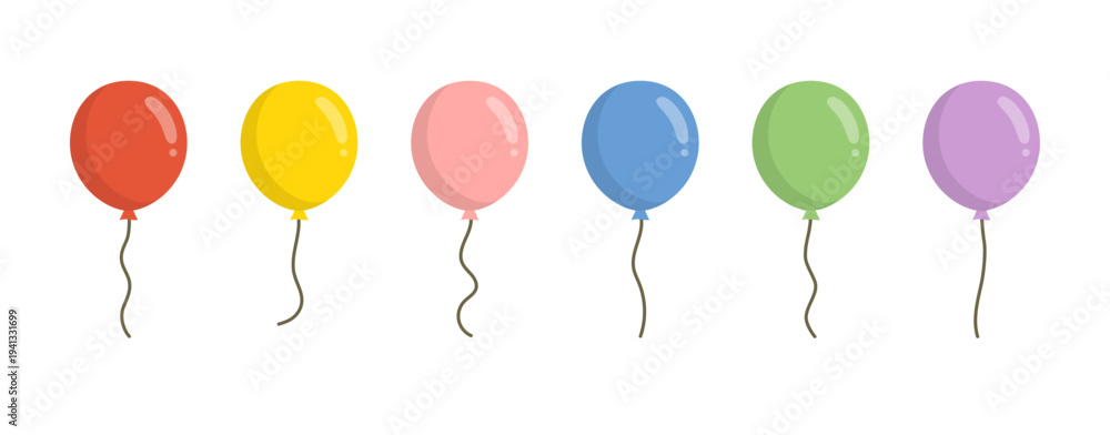 Obraz premium カラフルな6つの風船のイラストセット シンプルなバルーン ベクター