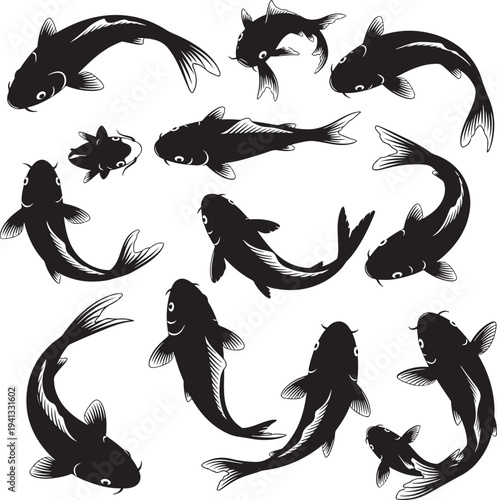 Black Koi Fish Silhouettes Swimming in Various Directions