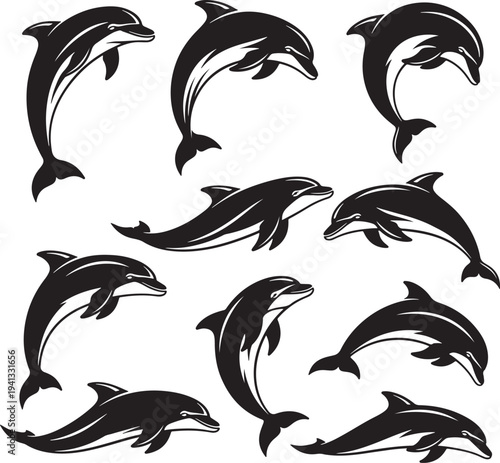 Set of Black Silhouette Dolphins Swimming Vector Icons