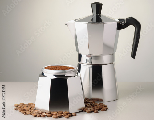 Italian moka pot with ground coffee and coffee beans on neutral background
