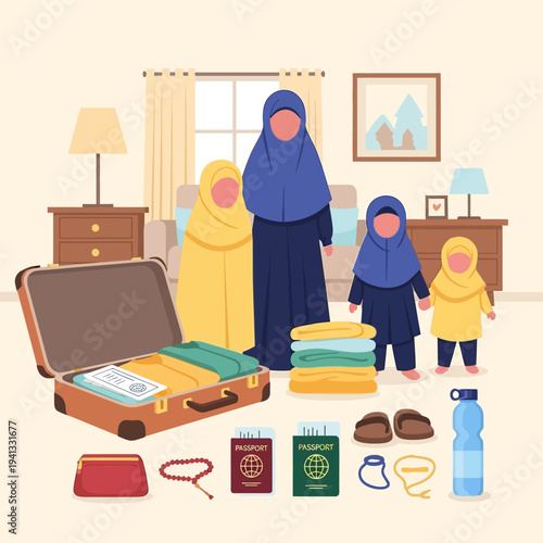 Group of Muslim woman travel family, with luggage, passports, and suitcase