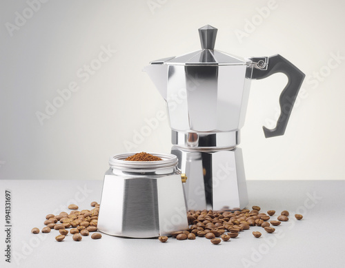 Italian moka pot with ground coffee and coffee beans on neutral background