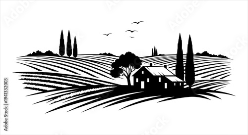 Stylized monochrome graphic of a serene rural landscape featuring a farmhouse and rolling vineyards