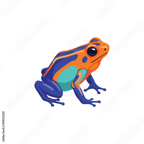 A colorful cartoon frog with vibrant orange, blue, and green hues sits on a plain white background, showcasing its distinctive markings and large eye in a simple, graphic illustration style.