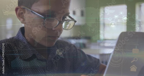 Student typing at keys and leaning forward, leading camera zooming in for learning focus on laptop