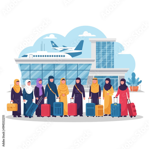 Muslim women and suitcase luggage at the airport terminal