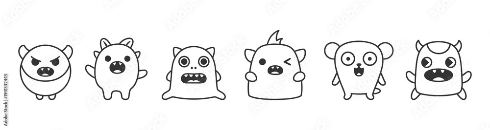 Fototapeta premium Cute cartoon monsters with big eyes and unique features, black and white illustration