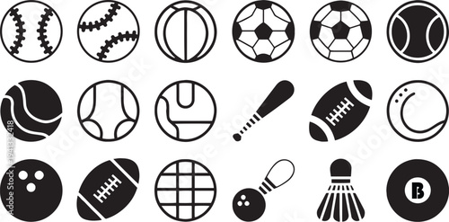 Sports Balls Icons Set. Football Soccer Basketball Tennis and Sport Symbols Vector