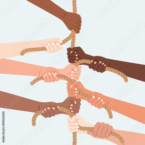 Hands of diverse people pulling together on a rope