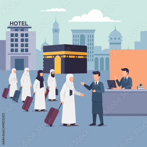 Pilgrims at a hotel near the Kaaba, illustration