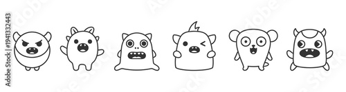 Cute cartoon monsters with big eyes and unique features, black and white illustration