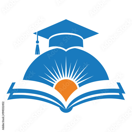 Graduation cap on open book with rising sun logo symbol icon