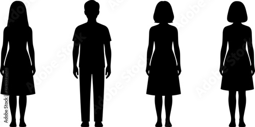 People silhouette set, male and female standing front view isolated on white background illustration collection for character design reference