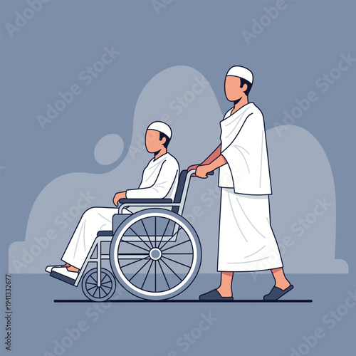 Man pushing a wheelchair for a passenger in white garments
