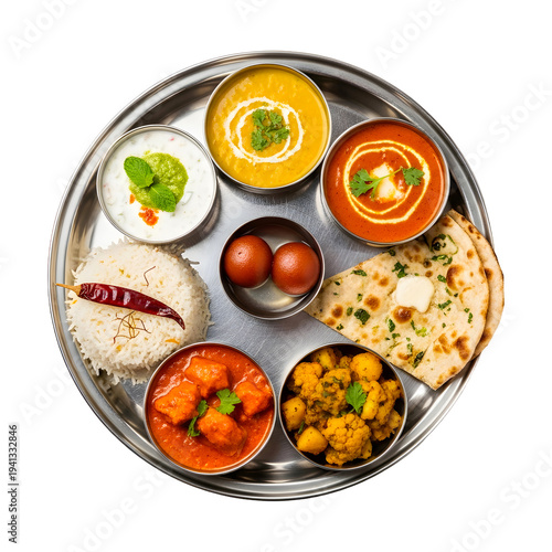 Traditional North Indian Veg Thali with Paneer Butter Masala, Dal Tadka, Aloo Gobi, Raita, Basmati Rice, Butter Naan, and Gulab Jamun served in a Stainless Steel Platter