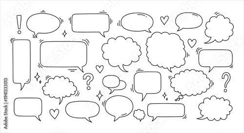 Set of Hand-Drawn Speech Bubbles and Thought Clouds for Communication