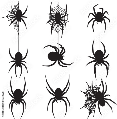 Spooky Halloween Spider Silhouettes with Web Designs Vector Art - Spooky, Creepy, Halloween