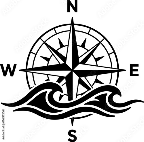 Compass rose with waves and cardinal directions silhouette