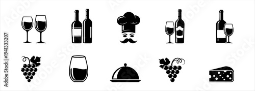 Wine and Food Icons Grapes, Cheese, Bottles, Glasses, and Chef Hat