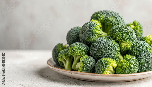  Fresh green broccoli florets in a ceramic bowl on a white textured background. Top view flat lay with copy space. Healthy organic raw vegetable food concept.