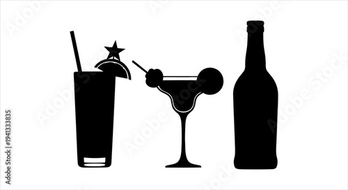 Set of cocktail glasses and bottle silhouettes, vector graphics