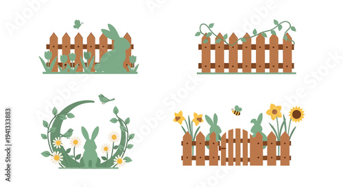 flat vector Easter Bunny Fence Set isolated on White Background vector background, vector illustration