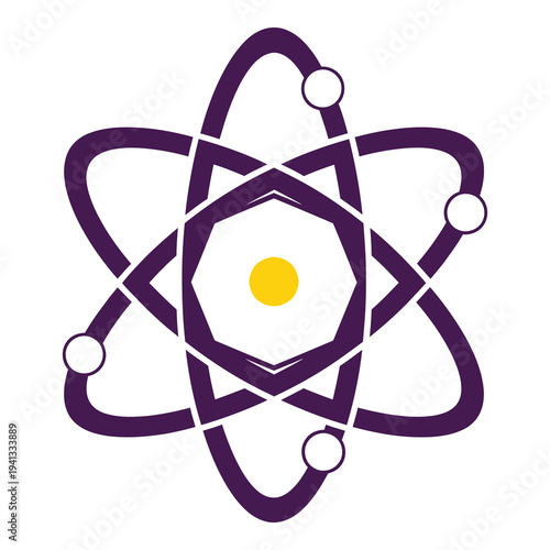 Purple atom symbol with yellow center and transparent background icon