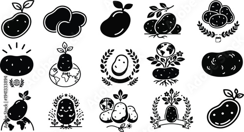 Potato vector set with plant, sprout, and harvest elements, collection of potato icons and emblems on transparent background
