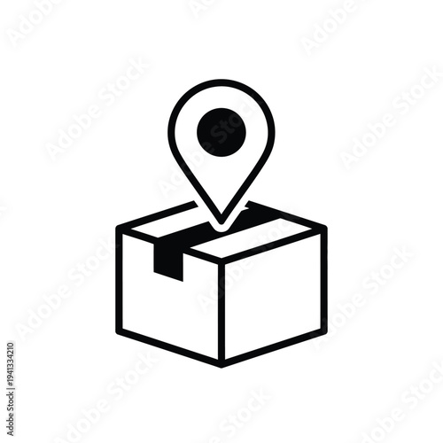 A simple line drawing of a box with a map pin on top, representing delivery or shipping location.