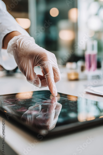 Gloved finger interacts with a medical tablet on a clean counter, reflections highlighting a crisp touch interface in a bright lab. Concept: ehealth usability, sterile workflow