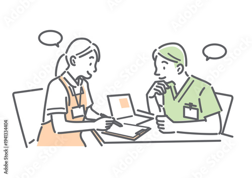 主治医と相談しながらケアプランを作成するケアマネージャー　シンプルでお洒落な線画イラスト