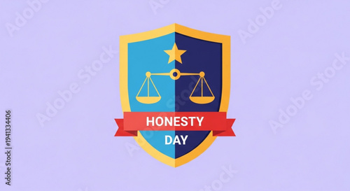 Honesty day shield logo with scales star and banner on light purple background symbolizing integrity and fairness