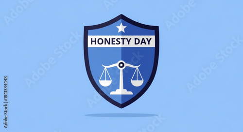 Honesty day shield icon with scales and star on blue background symbolizing integrity and truth