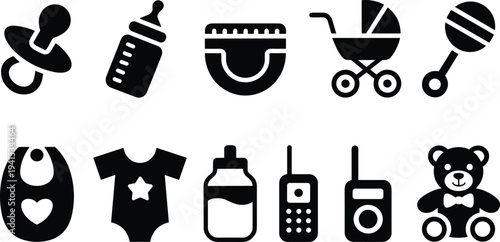 Baby, care, nursery, icons, set, including, pacifier, bottle, diaper, stroller, rattle, bib, onesie, milk, monitor, toy, infant, silhouette, symbol, collection