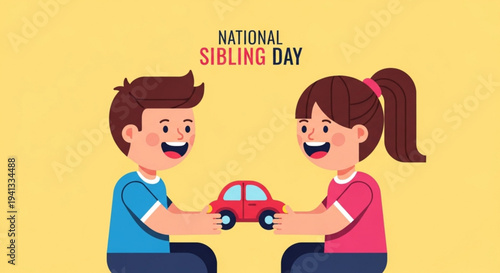 Happy siblings playing with toy car on national sibling day celebrating brother and sister bond with joy and friendship