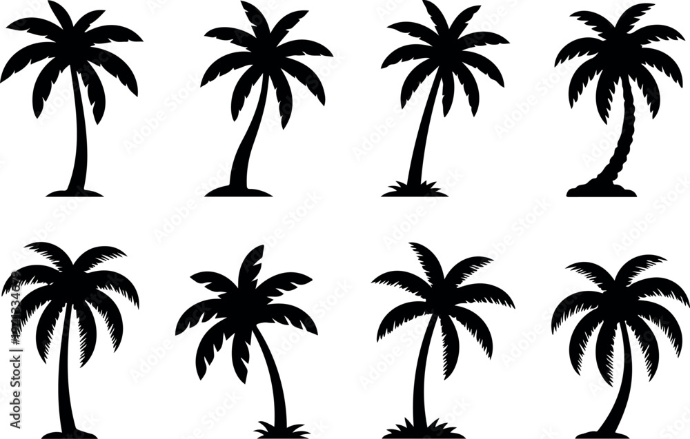 Fototapeta premium Icon set of various palm tree silhouettes in minimal flat vector style for tropical design decoration and summer-themed illustration projects