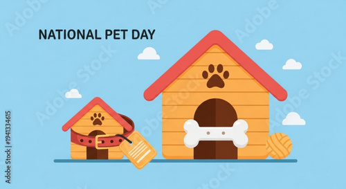 National pet day illustration of dog houses with bones and leash on light blue background