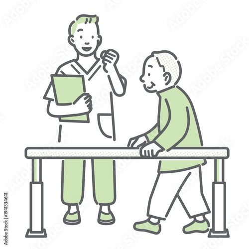 理学療法士の指導で歩行のリハビリに取り組むシニア男性　シンプルでお洒落な線画イラスト