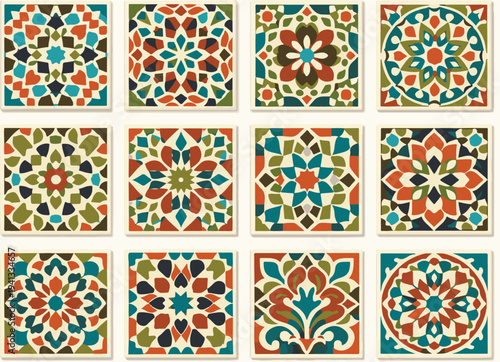 Set of Colorful Arabic Geometric Tile Patterns with Traditional Moroccan Mandala Ornaments