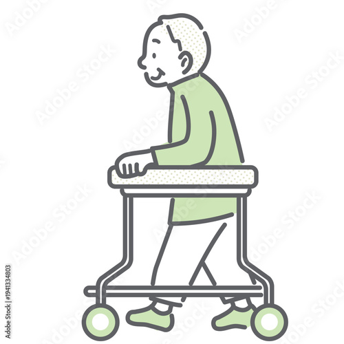 歩行器を使用して積極的に歩くシニア男性　シンプルでお洒落な線画イラスト