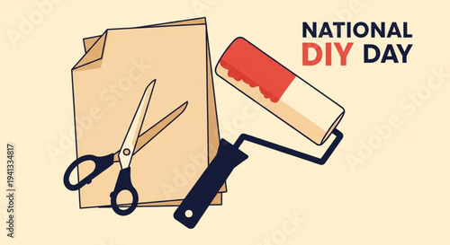 National diy day illustration with paint roller scissors and paper on beige background