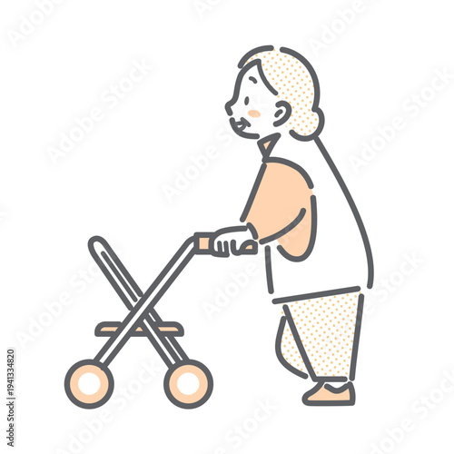 歩行器を使用して積極的に歩くシニア女性　シンプルでお洒落な線画イラスト