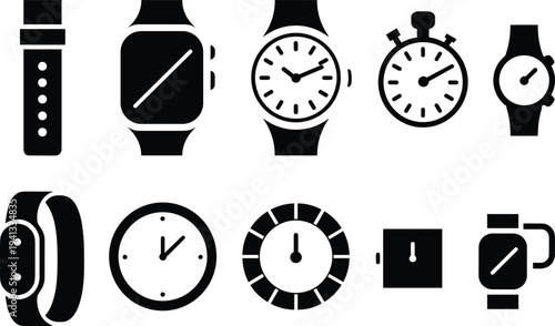 Black watch and clock icons collection, smartwatch, stopwatch, wristwatch, analog dial, wearable technology time measurement vector glyph symbol set