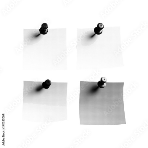 Minimal halftone illustration set of push pins casting shadow on square note paper. Monochrome office stationery concept for reminder, message board, organization, and planning design.