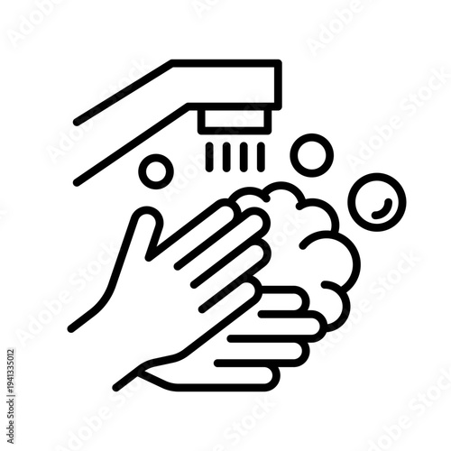 Washing hands to keep clean icon set. Disease prevention protect, sanitizer, antiseptic, antibacterial symbols. Wash hands rinse water, foam cream, tap, soap, label, badge, logo, black, line, vector.