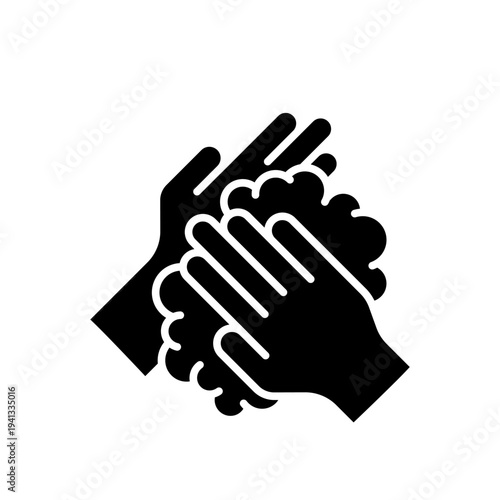 Washing hands to keep clean icon set. Disease prevention protect, sanitizer, antiseptic, antibacterial symbols. Wash hands rinse water, foam cream, tap, soap, label, badge, logo, black, line, vector.