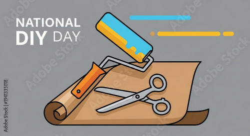 National diy day illustration with paint roller scissors and tape on brown paper background